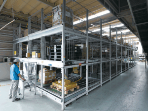 昇降装置と組み合わせた、多段式のパレット並び替え・保管・入庫自動棚